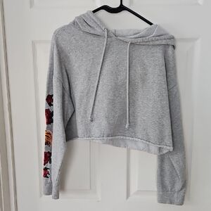 La Hearts Gray Cropped Hoodie with Floral Embroidery